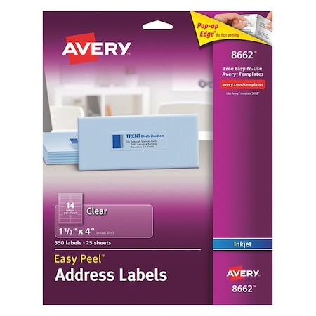 Inkjet Label, 4 in Label W, 1 1/3 in Label H, 14 Labels per Sheet Clear MPN:727828662