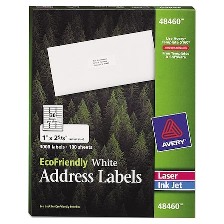 Laser/Inkjet Label, 2 5/8 in Label W, 1 in Label H, 30 Labels per Sheet White MPN:AVE48460