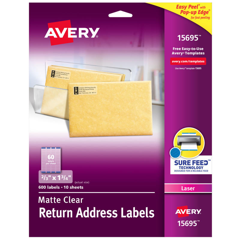Avery Matte Return Address Labels With Sure Feed Technology, 15695, Rectangle, 2/3in x 1-3/4in, Clear, Pack Of 600 Labels MPN:15695