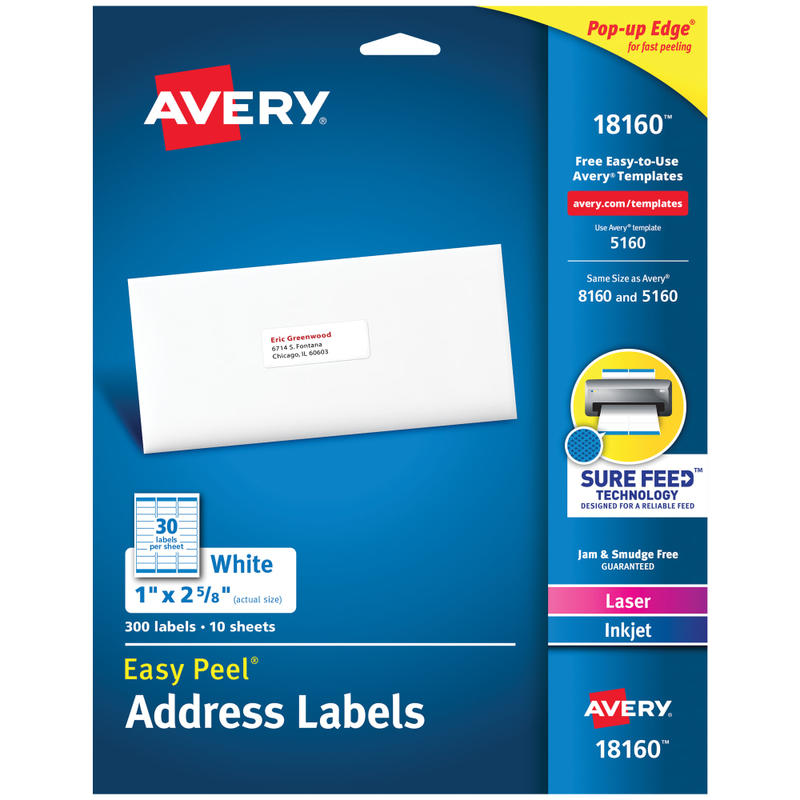 Avery Easy Peel Address Labels With Sure Feed Technology, 18160, Rectangle, 1in x 2-5/8in, Matte White, Pack Of 300 MPN:18160
