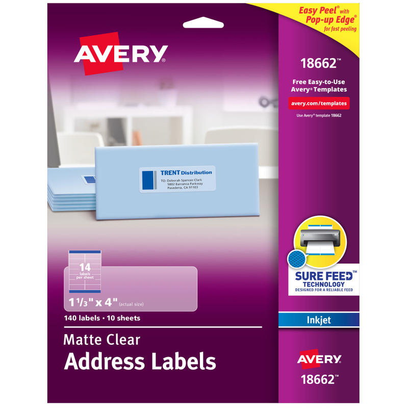 Avery Matte Address Labels With Sure Feed Technology, 18662, Rectangle, 1-1/3in x 4in, Clear, Pack Of 140 MPN:18662
