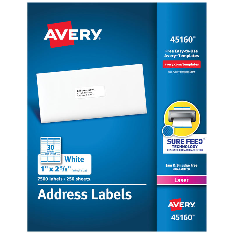 Avery Laser Address Labels With Sure Feed Technology, 45160, 1in x 2 5/8in, White, Pack Of 7,500 MPN:45160