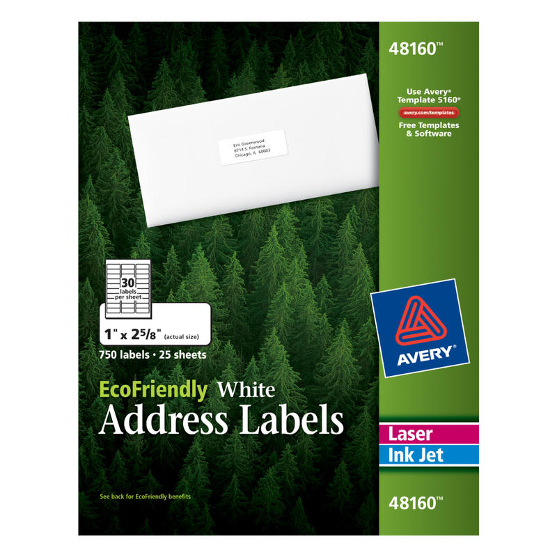 Avery EcoFriendly Address Labels, 48160, Rectangle, 1in x 2-5/8in, White, Pack Of 750 Labels MPN:48160
