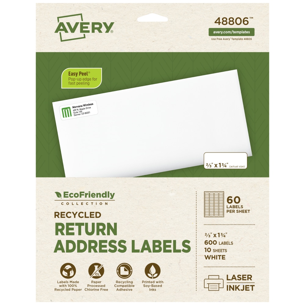 Avery EcoFriendly Recycled Labels, Rectangle, 2/3in x 1-3/4in, Matte White, Pack Of 600 MPN:48806