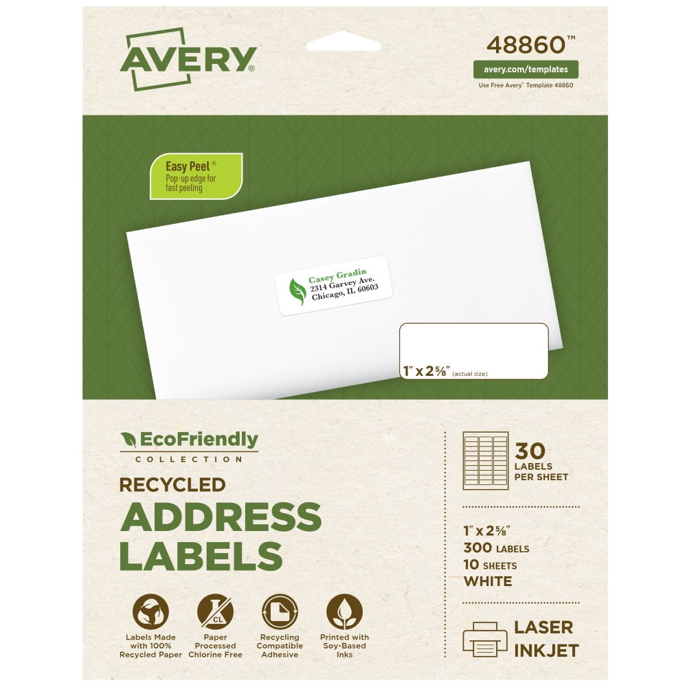 Avery EcoFriendly Recycled Labels, Rectangle, 1in x 2-5/8in, Matte White, Pack Of 300 MPN:48860