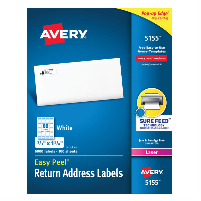 Avery Easy Peel Return Address Labels With Sure Feed Technology, 5155, Rectangle, 2/3in x 1-3/4in, White, Pack Of 6, 000 MPN:5155