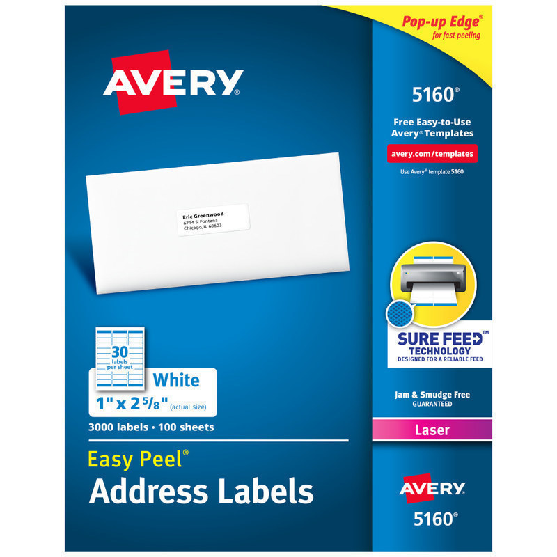 Avery Easy Peel Address Labels With Sure Feed Technology, 5160, 1in x 2 5/8in, White, Box Of 3,000 (Min Order Qty 2) MPN:5160