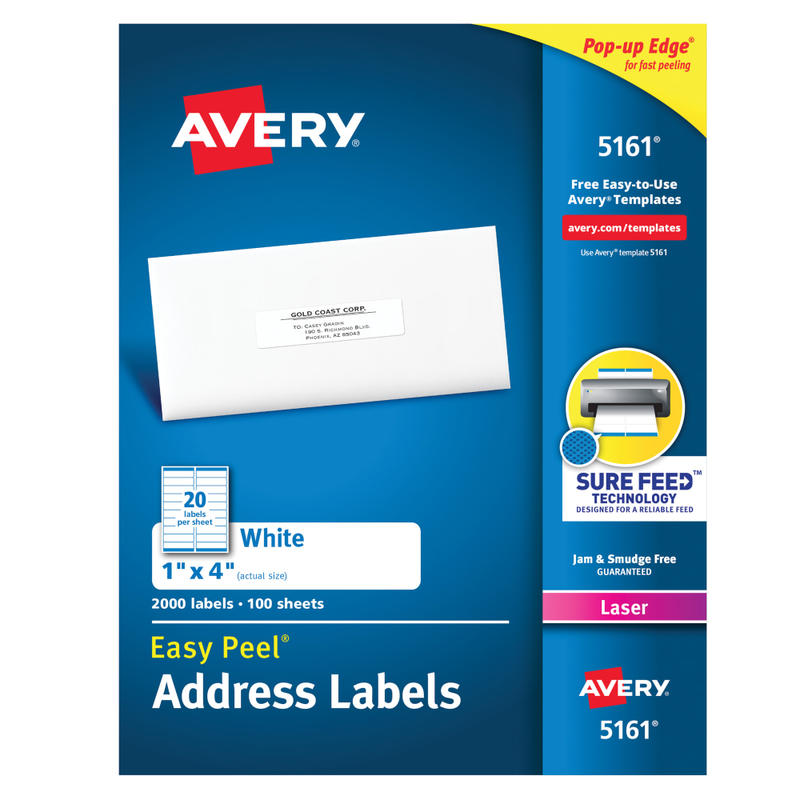 Avery Easy Peel Address Labels With Sure Feed Technology, 5161, Rectangle, 1in x 4in, White, Pack Of 2,000 (Min Order Qty 2) MPN:5161
