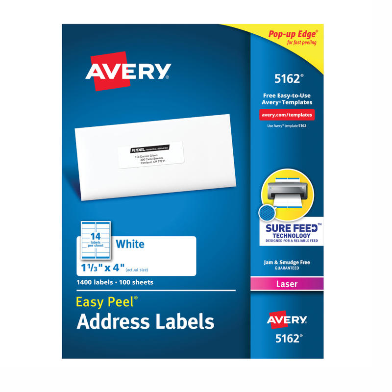Avery Easy Peel Address Labels With Sure Feed Technology, 5162, Rectangle, 1-1/3in x 4in, White, Pack Of 1,400 (Min Order Qty 2) MPN:5162
