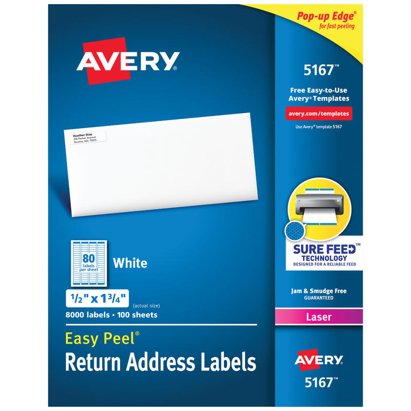 Avery Easy Peel Address Labels With Sure Feed Technology, 5167, Rectangle, 1/2in x 1-3/4in, Matte White, Box Of 8, 000 MPN:5167