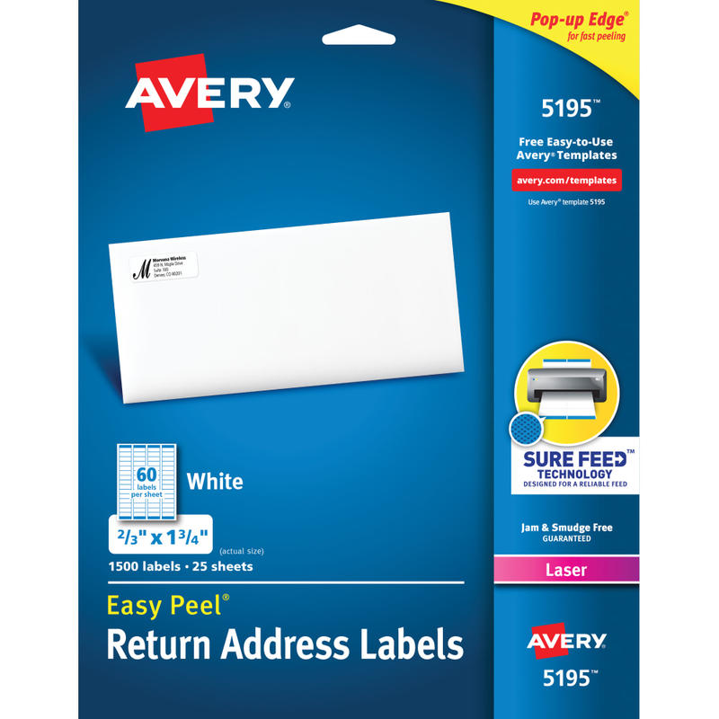 Avery Easy Peel Address Labels With Sure Feed Technology, 5195, Rectangle, 2/3in x 1-3/4in, Matte White, Pack Of 1, 500 MPN:5195
