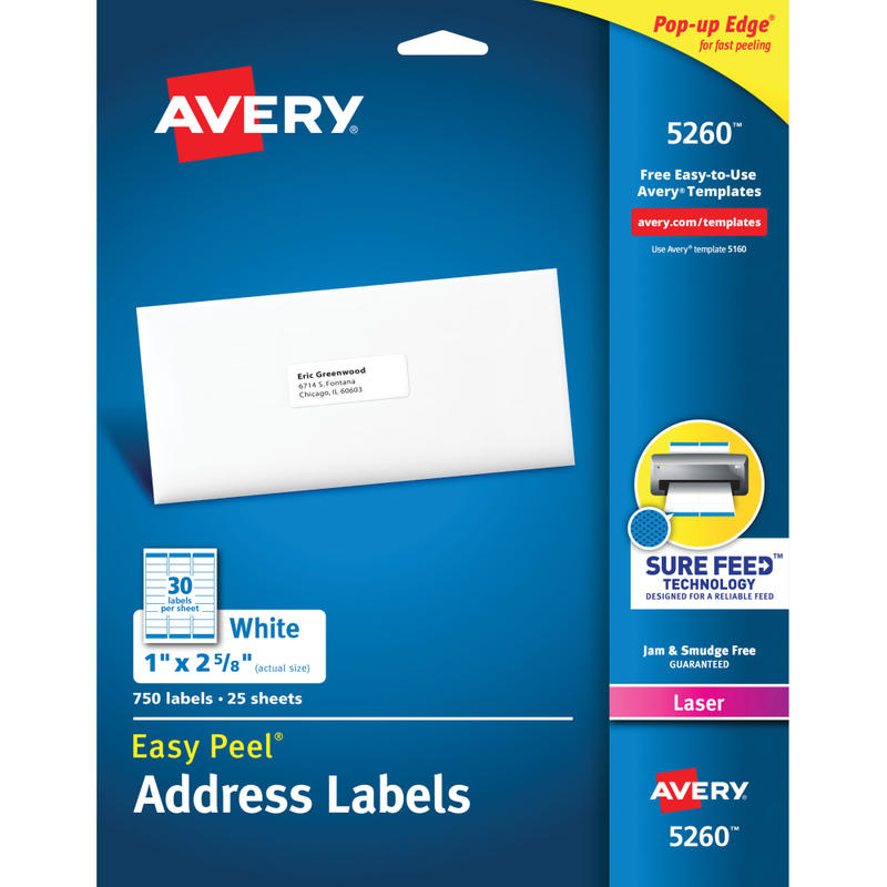 Avery Easy Peel Address Labels With Sure Feed Technology, 5260, Rectangle, 1in x 2-5/8in, Matte White, Pack Of 750 MPN:5260