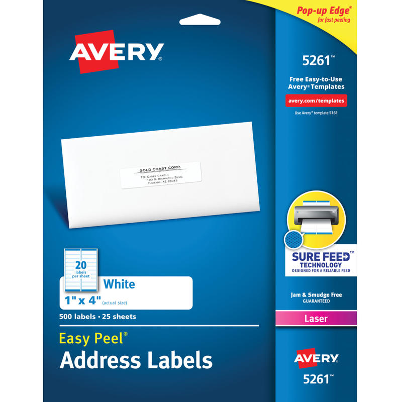 Avery Easy Peel Address Labels With Sure Feed Technology, 5261, Rectangle, 1in x 4in, Matte White, Pack Of 500 MPN:5261