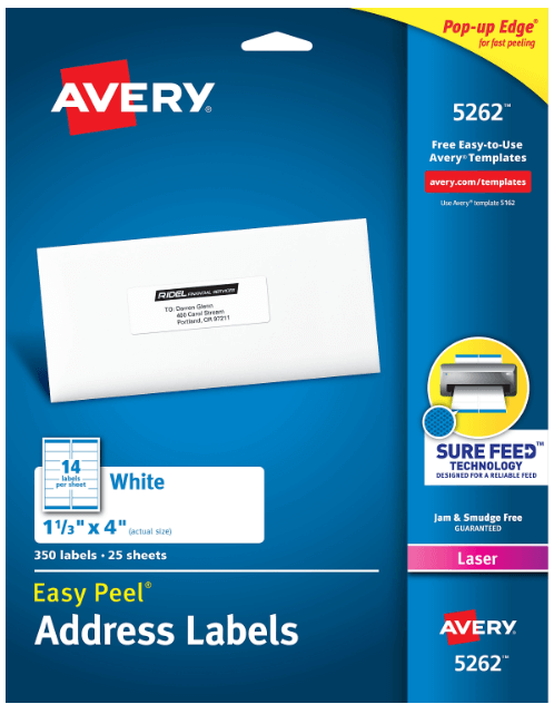 Avery Easy Peel Address Labels With Sure Feed Technology, 5262, Rectangle, 1-1/3in x 4in, Matte White, Pack Of 350 MPN:5262