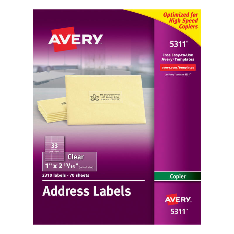 Avery Permanent Address Labels For Copiers, 5311, Rectangle, 1in x 2-13/16in, Clear, Pack Of 2,310 MPN:5311