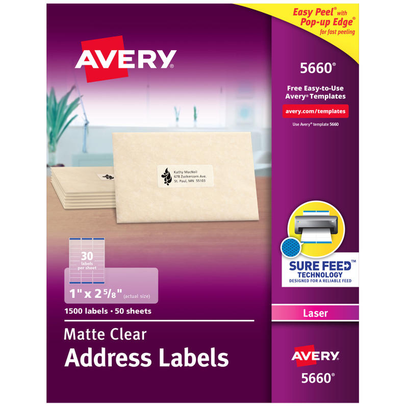 Avery Matte Address Labels With Sure Feed Technology, 5660, Rectangle, 1in x 2-5/8in, Clear, Pack Of 1,500 (Min Order Qty 2) MPN:5660