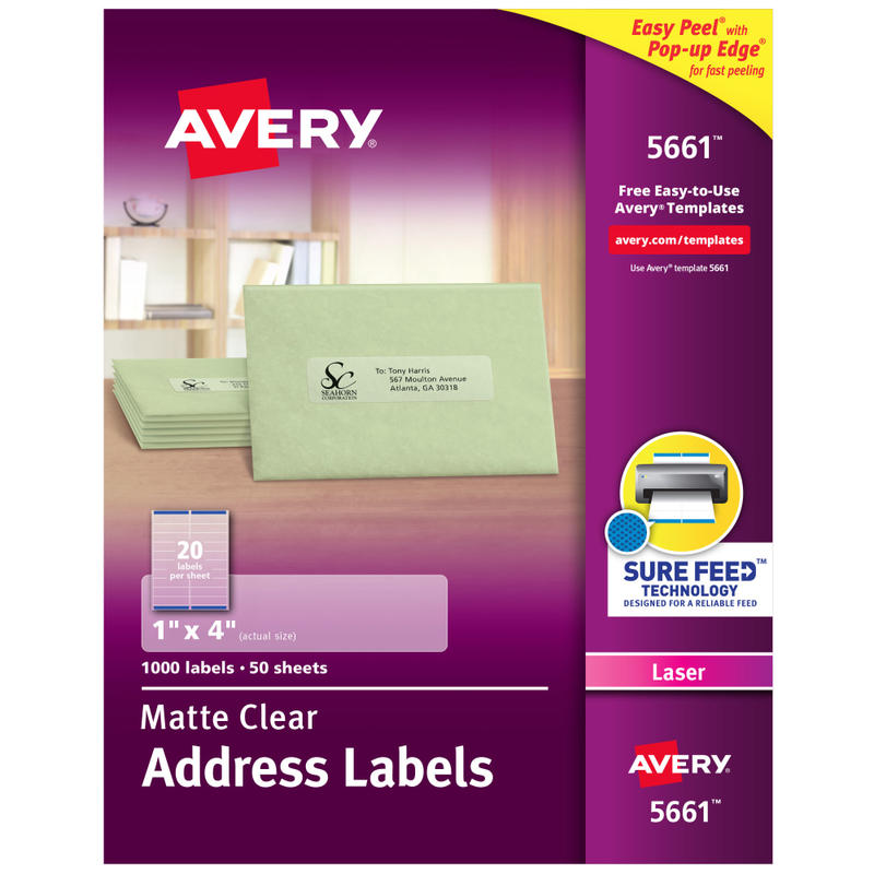 Avery Easy Peel Permanent Laser Address Labels, 5661, 1in x 4in, Clear, Pack Of 1, 000 MPN:5661