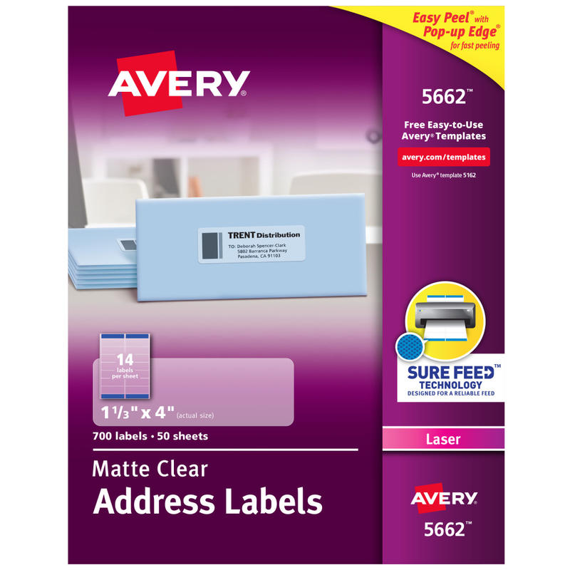 Avery Matte Address Labels With Sure Feed Technology, 5662, Rectangle, 1-1/3in x 4in, Clear, Pack Of 700 Labels MPN:5662