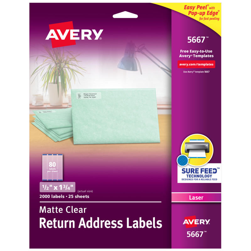 Avery Matte Return Address Labels With Sure Feed Technology, 5667, Rectangle, 1/2in x 1-3/4in, Clear, Pack Of 2, 000 MPN:5667