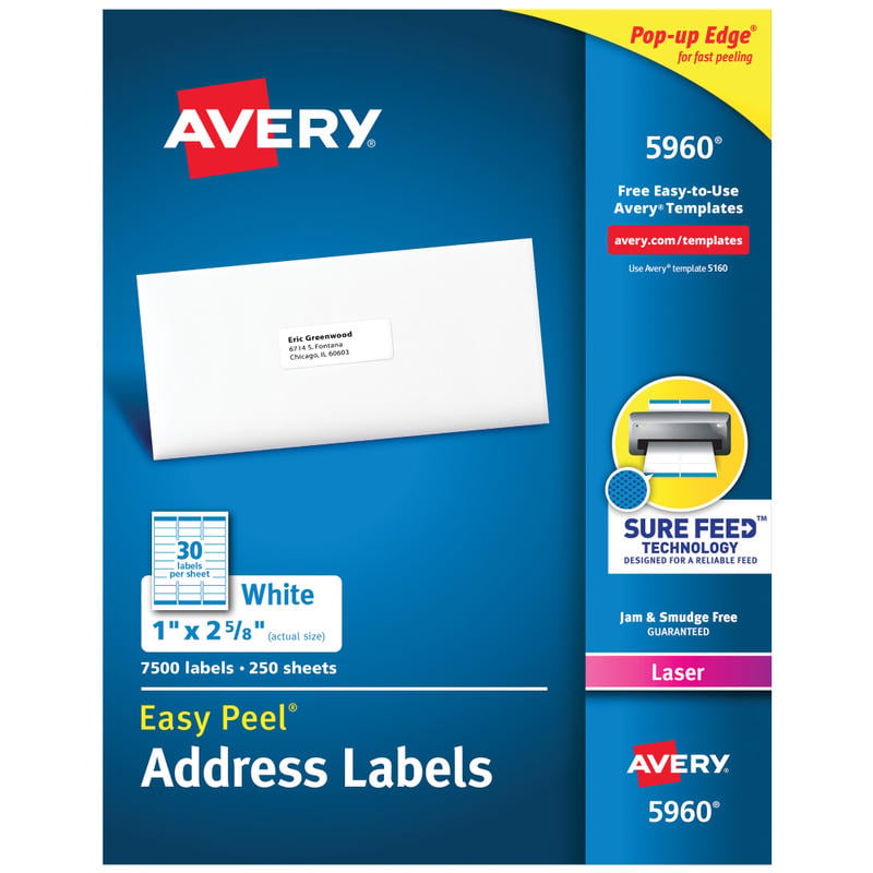 Avery Easy Peel Address Labels With Sure Feed Technology, 5960, Rectangle, 1in x 2-5/8in, Matte White, Box Of 7, 500 MPN:5960