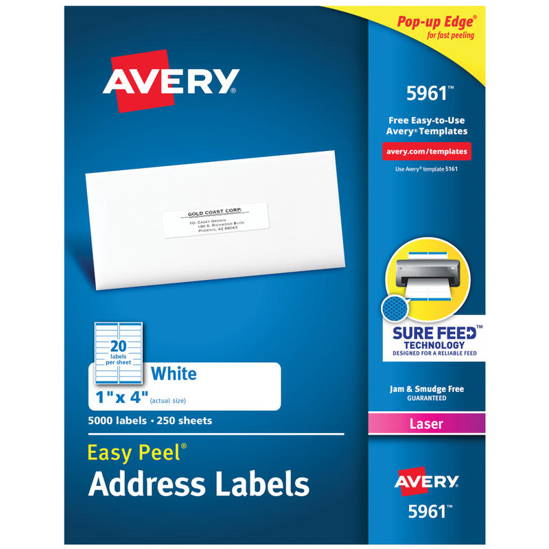 Avery Easy Peel Address Labels With Sure Feed Technology, 5961, Rectangle, 1in x 4in, Matte White, Box Of 5, 000 MPN:5961