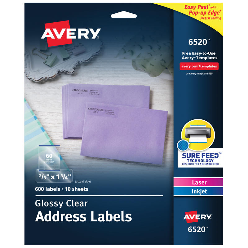 Avery Glossy Address Labels With Sure Feed Technology, 6520, Rectangle, 2/3in x 1-3/4in, Clear, Pack Of 600 MPN:6520