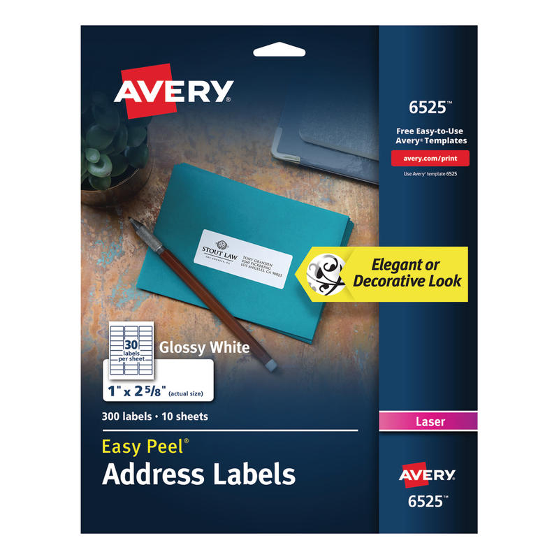 Avery Address Labels With Sure Feed And Easy Peel Technology, 6525, Rectangle, 1in x 2-5/8in, Glossy White, Pack Of 300 (Min Order Qty 5) MPN:6525