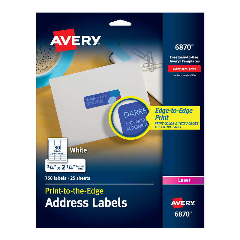 Avery Print-to-the-Edge Copier Address Labels - 3/4in Width x 2 1/4in Length - Permanent Adhesive - Rectangle - Laser - White - Paper - 30 / Sheet - 25 Total Sheets - 750 Total Label(s) - 750 / Pack (Min Order Qty 5) MPN:6870