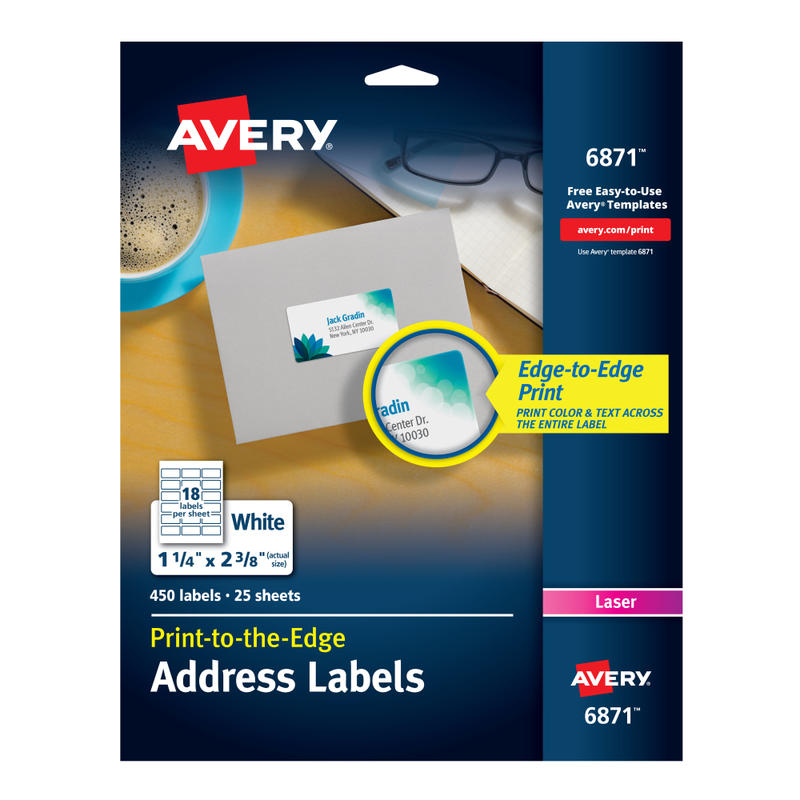 Avery Print-To-The-Edge Permanent Address Laser Labels, 6871, 1 1/4in x 2 3/8in, White, Pack Of 450 (Min Order Qty 5) MPN:6871