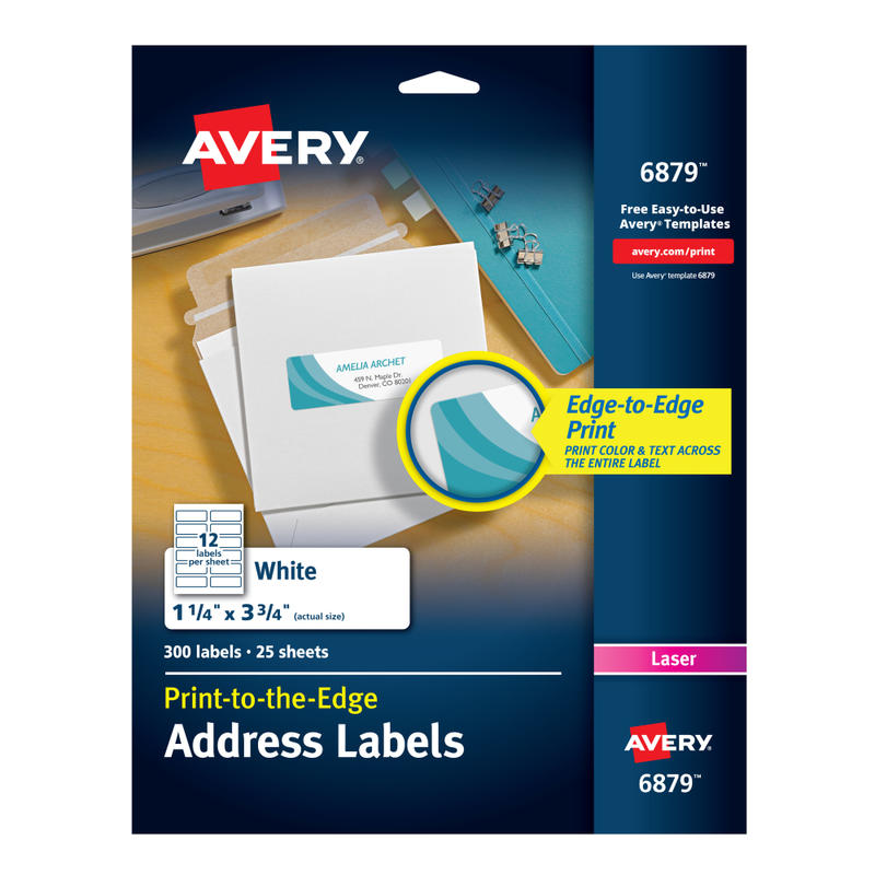 Avery Print-To-The-Edge Permanent Laser Shipping Labels, 6879, 1 1/4in x 3 3/4in, White, Pack Of 300 (Min Order Qty 4) MPN:6879