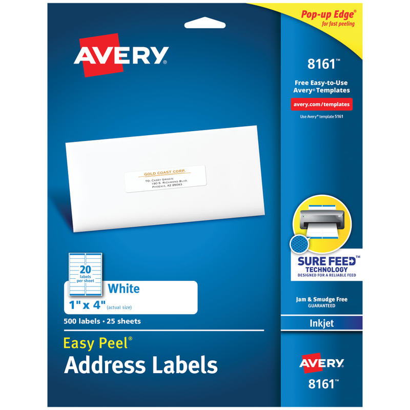 Avery Easy Peel Address Labels With Sure Feed Technology, 8161, Rectangle, 1in x 4in, Matte White, Pack Of 500 MPN:8161