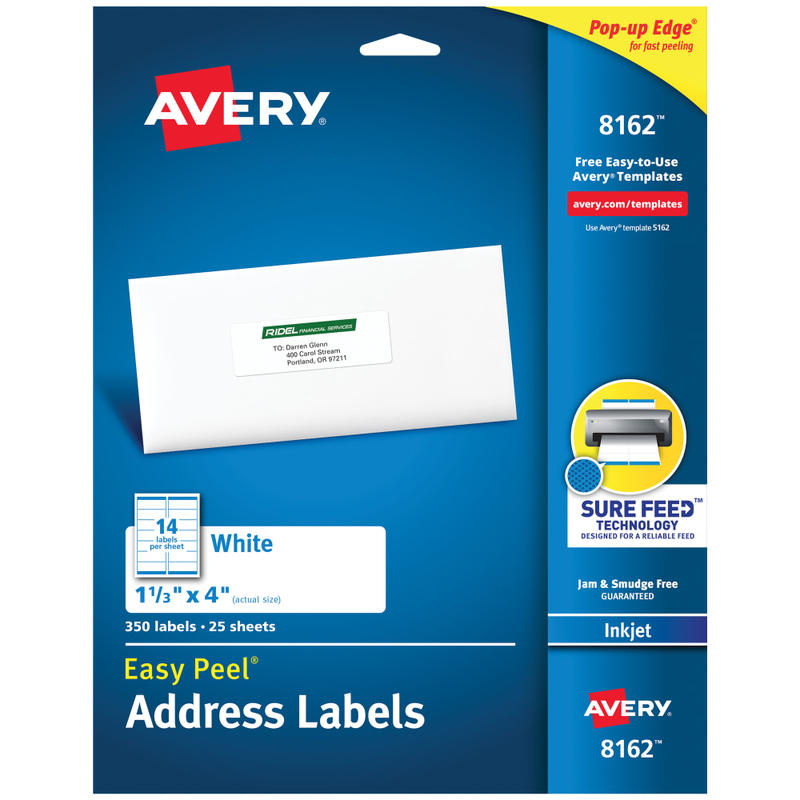 Avery Easy Peel Address Labels With Sure Feed Technology, 8162, Rectangle, 1-1/3in x 4in, Matte White, Pack Of 350 MPN:8162