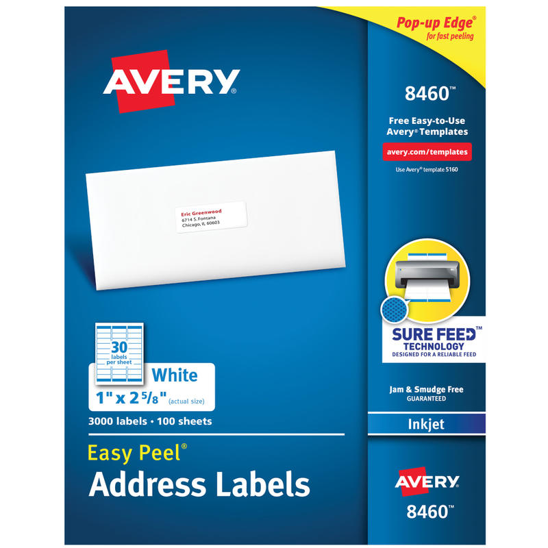 Avery Easy Peel Address Labels With Sure Feed Technology, 8460, Rectangle, 1in x 2-5/8in, Matte White, Box Of 3, 000 MPN:8460