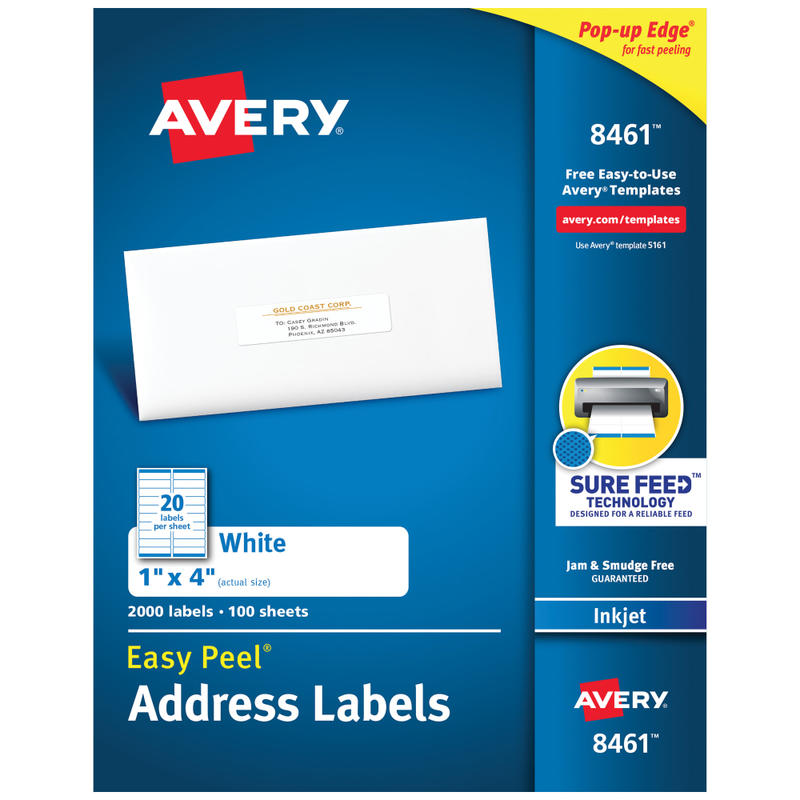 Avery Easy Peel Address Labels With Sure Feed Technology, 8461, Rectangle, 1in x 4in, White, Box Of 2,000 (Min Order Qty 2) MPN:8461