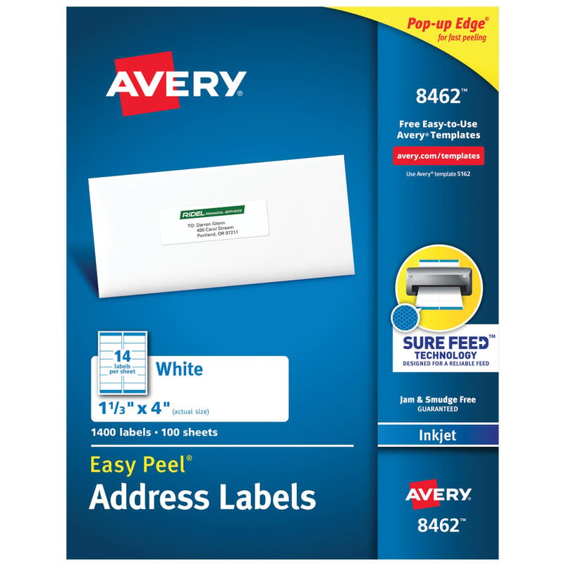 Avery Easy Peel Address Labels With Sure Feed Technology, 8462, Rectangle, 1-1/3in x 4in, White, Box Of 1,400 (Min Order Qty 2) MPN:8462