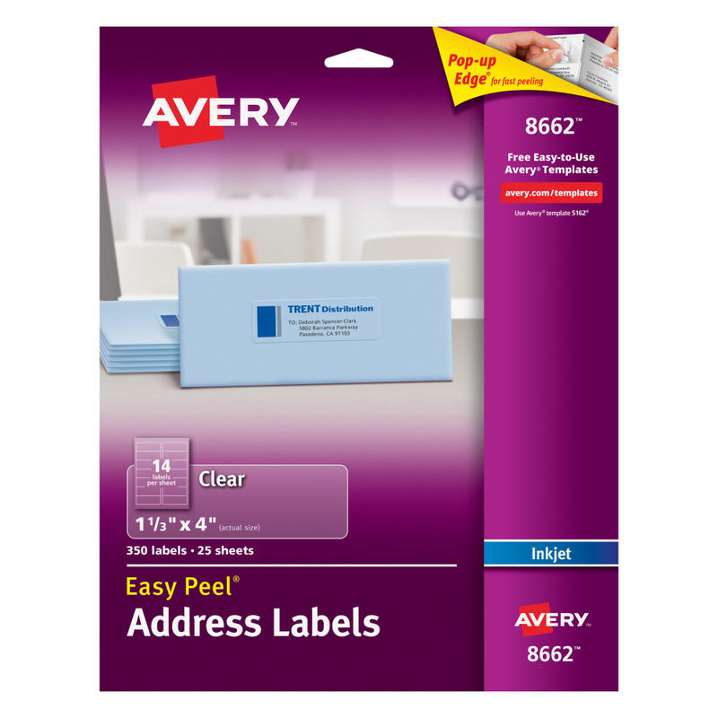 Avery Matte Address Labels With Sure Feed Technology, 8662, Rectangle, 1-1/3in x 4in, Clear, Pack Of 350 MPN:8662