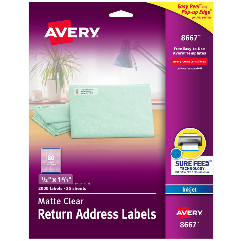 Avery Matte Return Address Labels With Sure Feed Technology, 8667, Rectangle, 1/2in x 1-3/4in, Clear, Pack Of 2,000 (Min Order Qty 3) MPN:8667