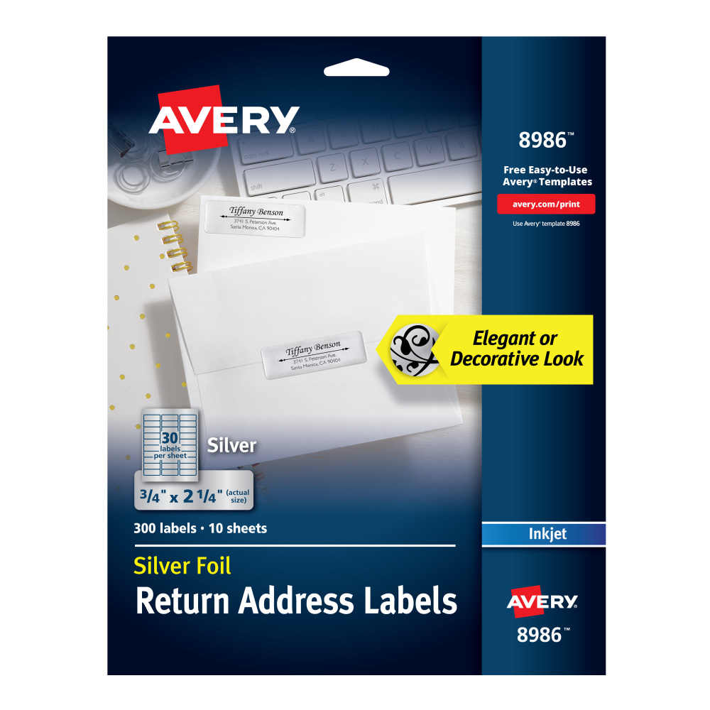 Avery Permanent Inkjet Foil Mailing Labels, 8986, 3/4in x 2 1/4in, Silver, Pack Of 300 MPN:8986