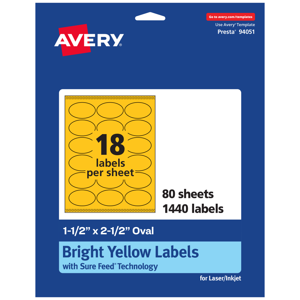 Avery Printable Labels With Sure Feed Technology, 94051-BYP80, Oval, 1-1/2in x 2-1/2in, Matte Bright Yellow, Pack of 1440 MPN:94051-BYP80