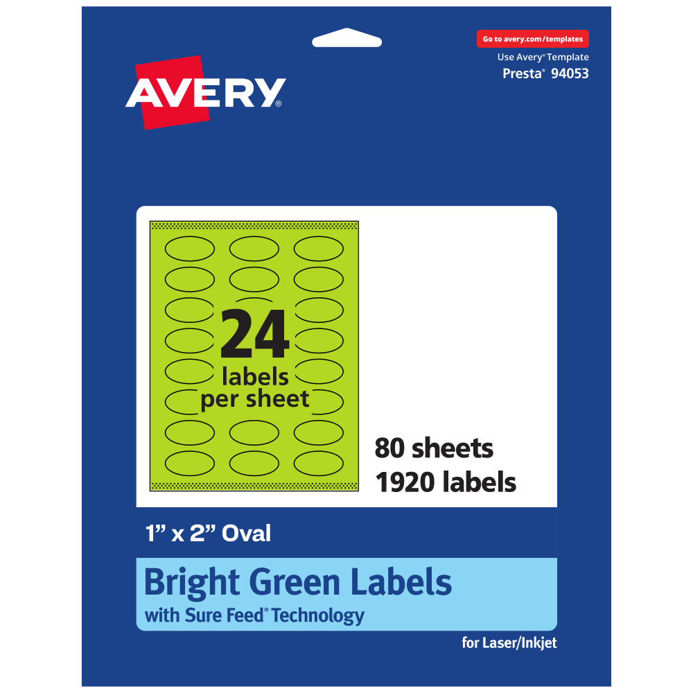 Avery Print-To-The-Edge Labels With Sure Feed Technology And Easy Peel Label Feature, 94053-BGP80, Oval, 1in x 2in, Matte Bright Green, Pack of 1920 MPN:94053-BGP80