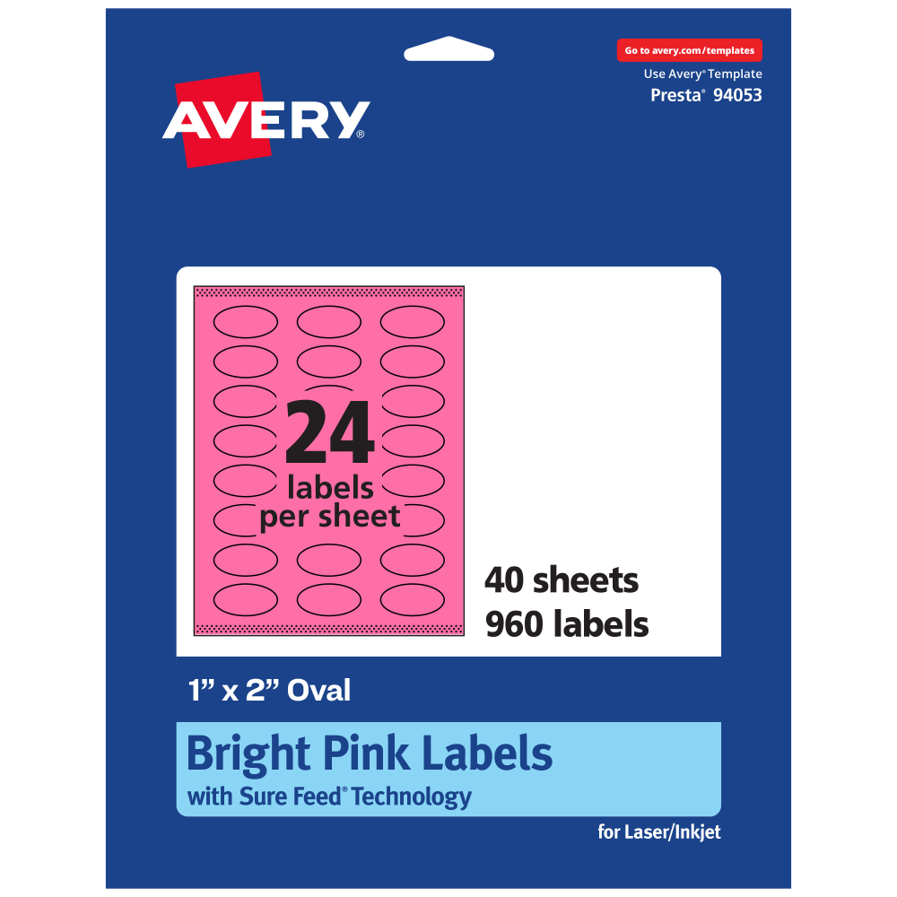Avery Print-To-The-Edge Labels With Sure Feed Technology And Easy Peel Label Feature, 94053-BPP40, Oval, 1in x 2in, Matte Bright Pink, Pack of 960 MPN:94053-BPP40