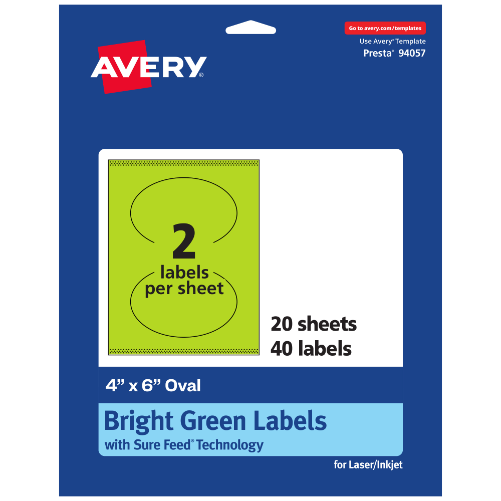 Avery Print-To-The-Edge Labels With Sure Feed Technology, 94057-BGP20, Oval, 4in x 6in, Matte Bright Green, Pack of 40 MPN:94057-BGP20