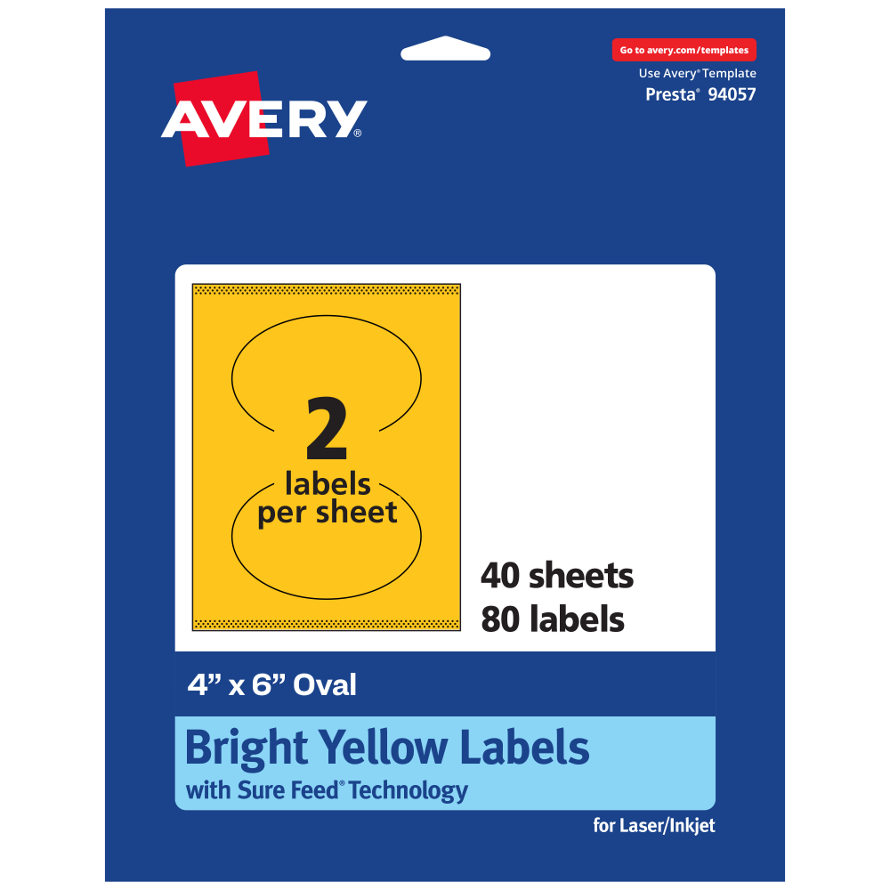 Avery Print-To-The-Edge Labels With Sure Feed Technology, 94057-BYP40, Oval, 4in x 6in, Matte Bright Yellow, Pack of 80 MPN:94057-BYP40