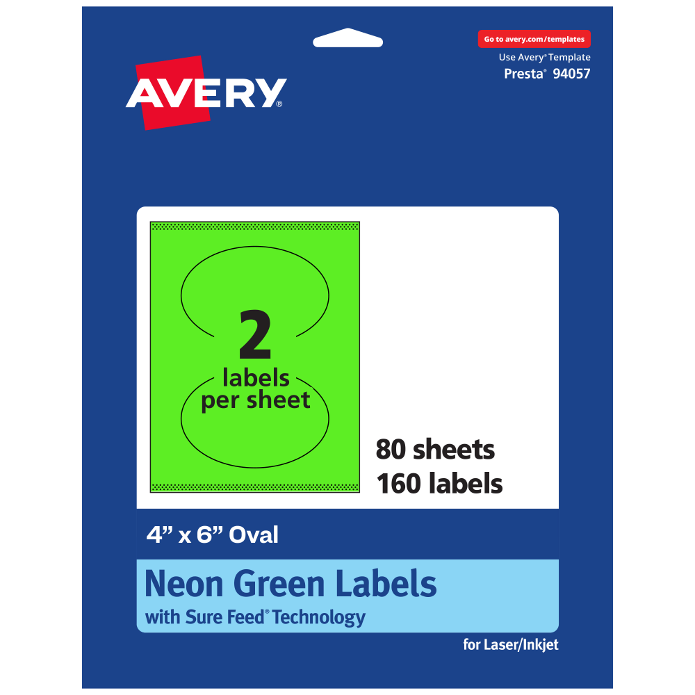 Avery Print-To-The-Edge Labels With Sure Feed Technology, 94057-NGP80, Oval, 4in x 6in, Matte Neon Green, Pack of 160 MPN:94057-NGP80