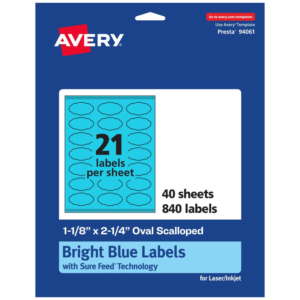 Avery Print-To-The-Edge Labels With Sure Feed Technology And Easy Peel, 94061-BBP40, Oval Scalloped, 1-1/8inx2-1/4in, Matte Bright Blue, Pack of 840 MPN:94061-BBP40