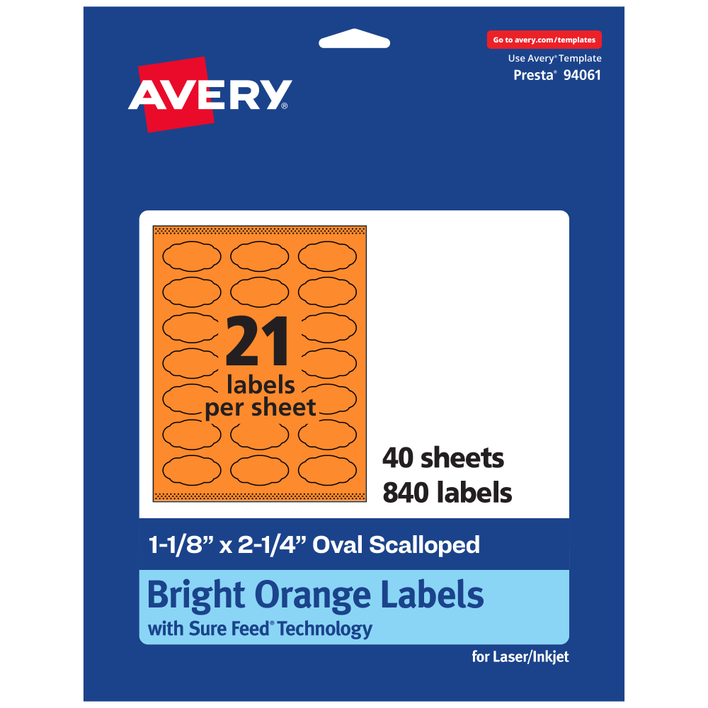 Avery Print-To-The-Edge Labels With Sure Feed Technology And Easy Peel Label Feature, 94061-BOP40, Matte Bright Orange, Pack of 840 MPN:94061-BOP40