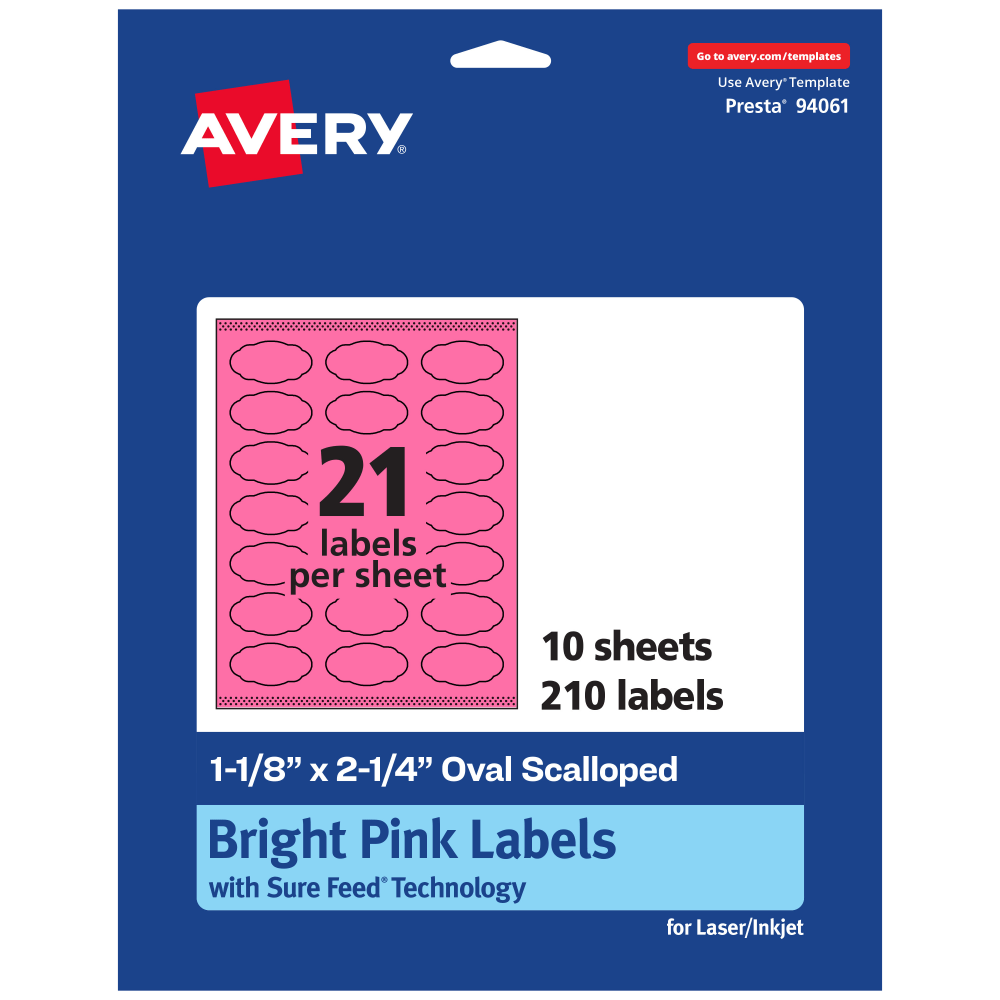 Avery Print-To-The-Edge Labels With Sure Feed Technology And Easy Peel, 94061-BPP10, Oval Scalloped, 1-1/8inx2-1/4in, Matte Bright Pink, Pack of 210 MPN:94061-BPP10