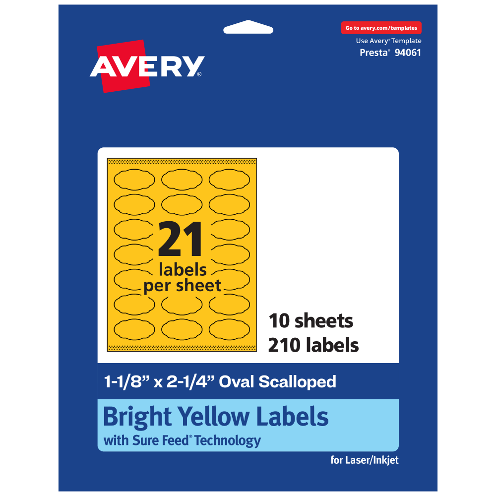 Avery Print-To-The-Edge Labels With Sure Feed Technology And Easy Peel Label Feature, 94061-BYP10, Oval Scalloped, Matte Bright Yellow, Pack of 210 MPN:94061-BYP10