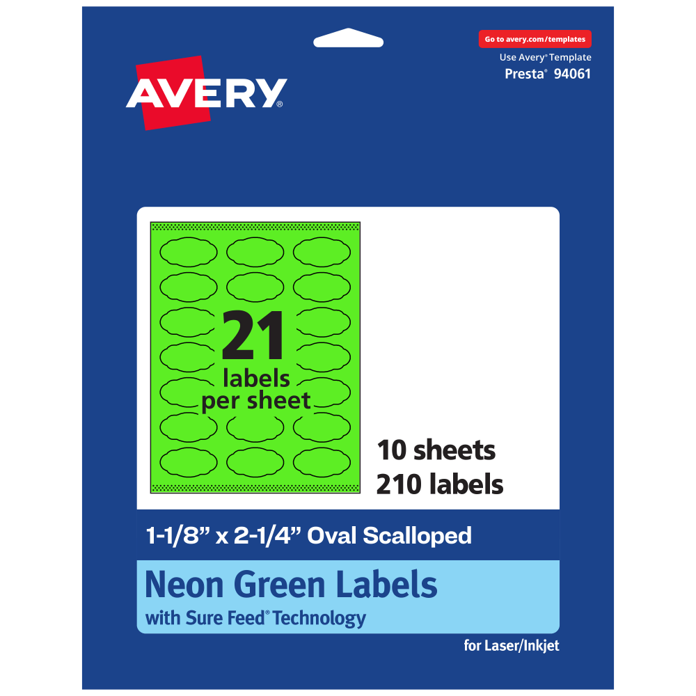 Avery Print-To-The-Edge Labels With Sure Feed Technology And Easy Peel, 94061-NGP10, Oval Scalloped, 1-1/8in x 2-1/4in, Matte Neon Green, Pack of 210 MPN:94061-NGP10