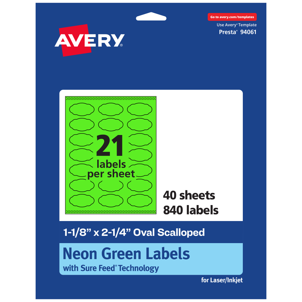 Avery Print-To-The-Edge Labels With Sure Feed Technology And Easy Peel, 94061-NGP40, Oval Scalloped, 1-1/8in x 2-1/4in, Matte Neon Green, Pack of 840 MPN:94061-NGP40